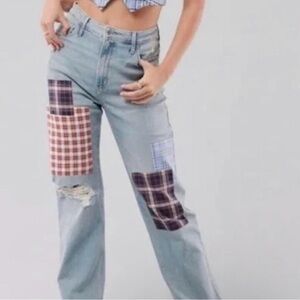 Vintage Hollister Light Blue Straight Leg Jeans with Plaid Patchwork